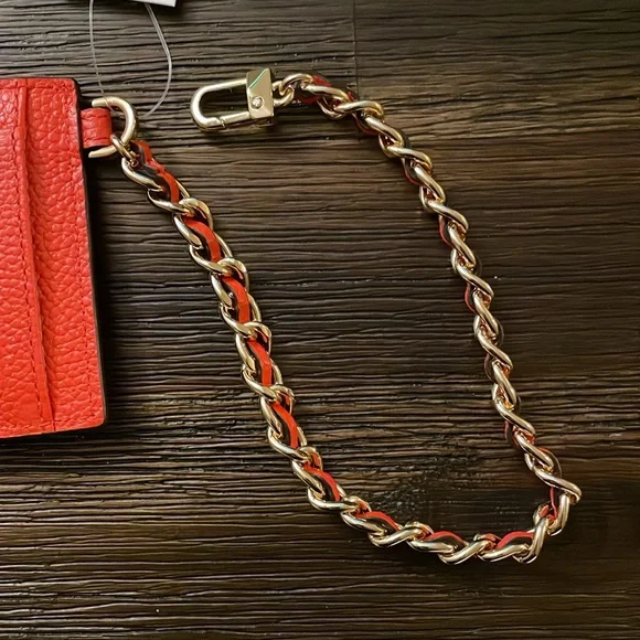 Michael Kors Small Pebbled Leather Chain Card Case Optic Orange NWT - Picture 7 of 10